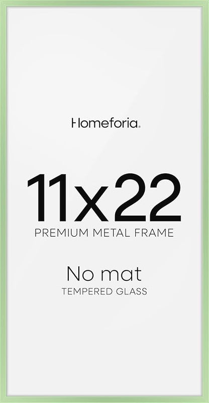Homeforia 11x22 Newspaper Frame Sage Green, High End Metal 11 x 22 Picture Frame without Mat, 22x11 Thin Sage Green Poster Frames for Wall, 11by22 Photo Art Frame, Tempered Glass, Wall Kit, Set of 1