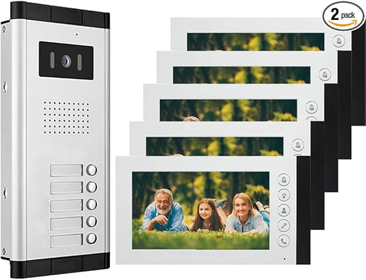 Wired Video Intercom System,7 Inch Ring Video Doorbell with IR Night Vision,HD Camera Kits,IR Outdoor Camera,Dual-Way Intercom for Villa Home Office Apartment (1 Bell +5 Monitor)