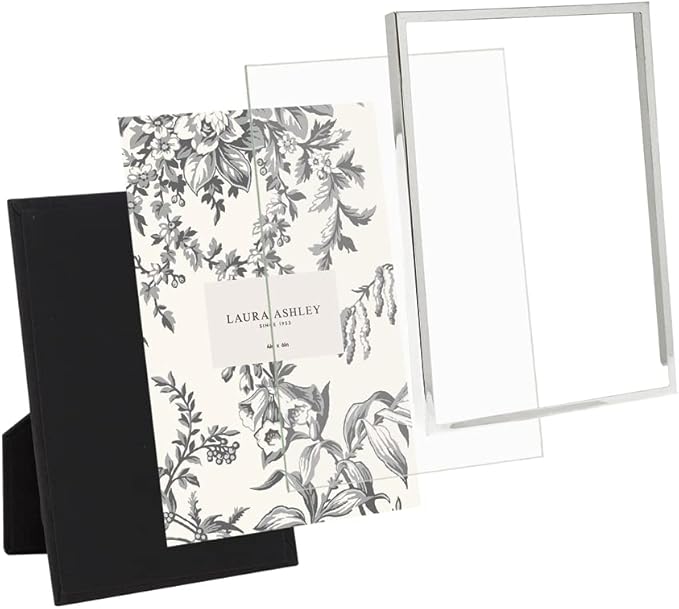 Laura Ashley 4x6 Silver Flat Metal Picture Frame (Vertical & Horizontal) w/Two-Way Easel Stand, Black Velvet Backing, Wall-Mountable, Made for Tabletop, Desk, Wall Display, Home Décor (4x6, Silver)