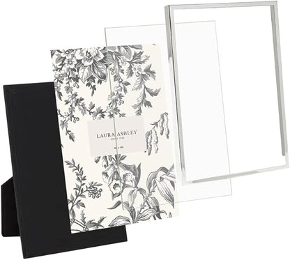 Laura Ashley 4x6 Silver Flat Metal Picture Frame (Vertical & Horizontal) w/Two-Way Easel Stand, Black Velvet Backing, Wall-Mountable, Made for Tabletop, Desk, Wall Display, Home Décor (4x6, Silver)