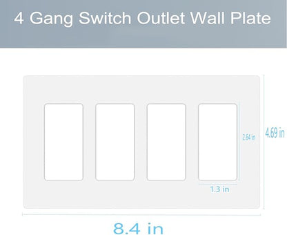 4-Gang Screwless Decora Wall Plate Cover Switch Outlet Electrical Faceplate for Light Switche, Smart Switch, Receptacle, Dimmers, USB Outlet, GFCI, Child Safe Cover Plate, White (2-Pack)
