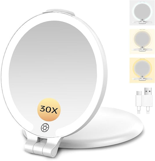 FUNTOUCH Magnifying Mirror 30X 1X Double Sided Magnification Makeup Vanity Mirror Rechargeable Lighted Mirror with 3 Color Setting Adjustable Rotation LED Vanity Desk Mirror