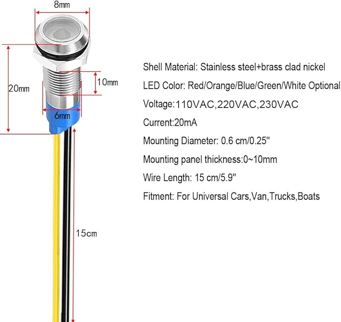 10pcs 6mm LED Metal Indicator Light 110V-220VAC Waterproof Signal Lamp (White)