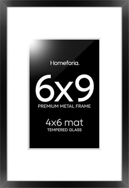 Homeforia 6x9 Picture Frame Black, High End Metal 6 x 9 Black Frames with Mat 4 x 6 for Art, 9x6 Desk Frame Matted to 4x6 inch Photo, 6 by 9 Wall or Tabletop Frames, Tempered Glass, Wall Kit, Set of 1