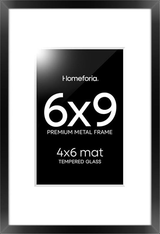 Homeforia 6x9 Picture Frame Black, High End Metal 6 x 9 Black Frames with Mat 4 x 6 for Art, 9x6 Desk Frame Matted to 4x6 inch Photo, 6 by 9 Wall or Tabletop Frames, Tempered Glass, Wall Kit, Set of 1