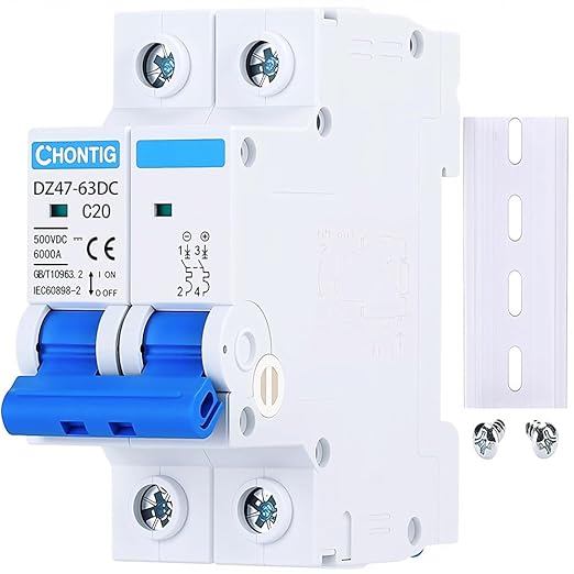 20 Amp Miniature DC Circuit Breaker 500V 2 Pole, Solar PV Disconnect Switch with Thermal Magnetic Trip, DIN Rail Mount Isolator C20