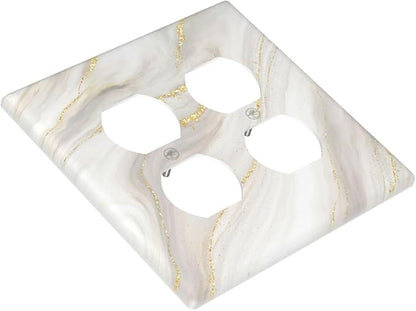 White Grey Gold Marble Simple Tiles Outlet Covers 2 Gang Double Duplex Decorative Light Switch Covers Electrical Wallplates Socket Faceplate for Bathroom Kitchen Decor