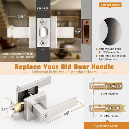 Probrico Interior Brushed Nickel Door Handle, Heavy Duty, Flat Square Privacy Door Handles, Keyless Door Levers Lockset for Bedroom and Bathroom (6 Pack, Modern)