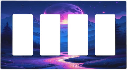 Purple Cyberpunk River Full Moon Mountain Forest Wallplates 4 Gang Quad Rocker Decorative Light Switch Covers Electrical GFCI Faceplate Switch Plate for Bedroom Bathroom Decor