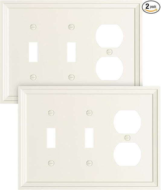 2-Pack Combo Duplex/Double Toggle Light Switch Cover Plate, Light Almond Modern Decorative Electrical Outlet Covers, Bamboo Fiber Wall Switch Plates and Outlet Covers
