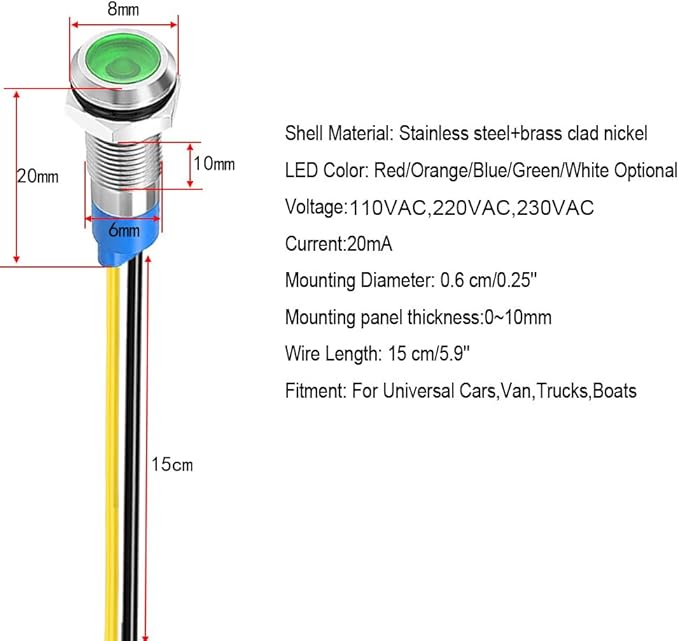 10pcs 6mm LED Metal Indicator Light 110V-220VAC Waterproof Signal Lamp (Green)