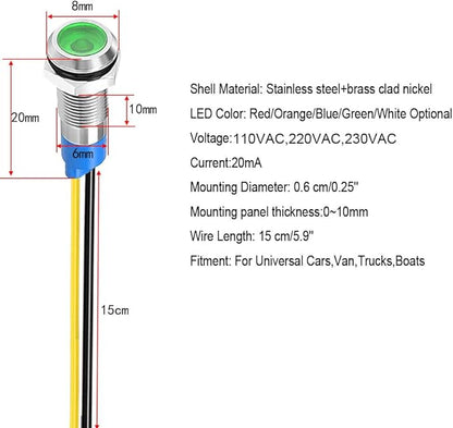 10pcs 6mm LED Metal Indicator Light 110V-220VAC Waterproof Signal Lamp (Green)
