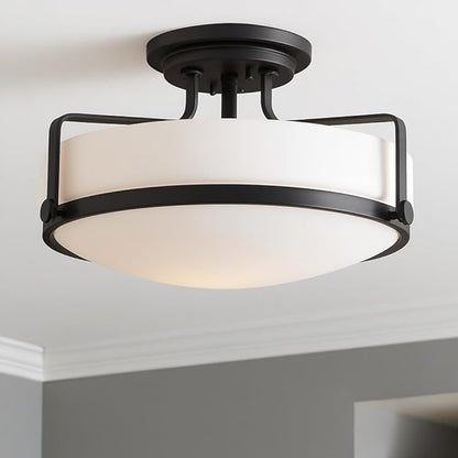 Hinkley Harper 3641BK Medium Semi-Flush Mount Ceiling Light - Sleek, Retro Style - Black + Etched Opal Glass