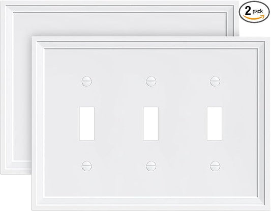 2-Pack Triple Toggle Light Switch Cover Plate, White Decorative Switch Plate Covers, Natural Bamboo Fiber 3 Gang Wall Plate, Corrosion Resistant