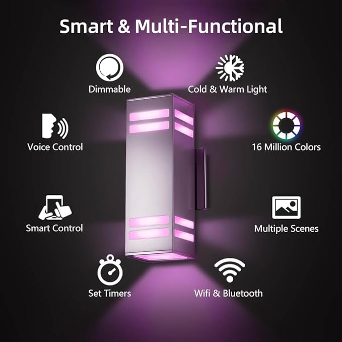 KIZON Smart RGB Outdoor Wall Light Dusk to Dawn, Voice & App Control Smart Porch Lights, Dimmable Up and Down Wall Sconce Stainless Steel Waterproof Exterior Light Fixture, Works with Alexa, 2 Pack