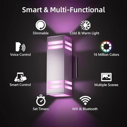 KIZON Smart RGB Outdoor Wall Light Dusk to Dawn, Voice & App Control Smart Porch Lights, Dimmable Up and Down Wall Sconce Stainless Steel Waterproof Exterior Light Fixture, Works with Alexa, 2 Pack