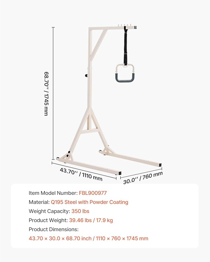 VEVOR Trapeze Bar for Bed Mobility, Height-Adjustable Bed Trapeze with 2 Casters, 350LBS Weight Capacity Heavy Duty Pull Up Trapeze Bar with Floor Stand for Elderly, Disabled, Bedridden Patients