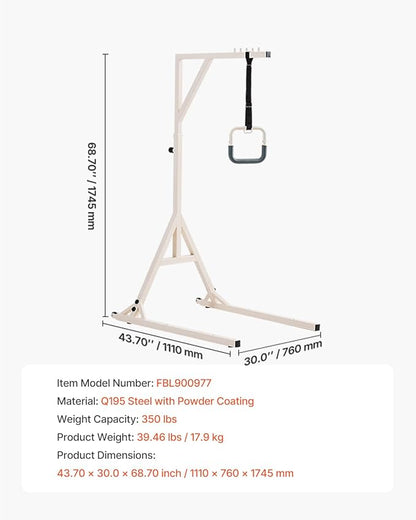 VEVOR Trapeze Bar for Bed Mobility, Height-Adjustable Bed Trapeze with 2 Casters, 350LBS Weight Capacity Heavy Duty Pull Up Trapeze Bar with Floor Stand for Elderly, Disabled, Bedridden Patients