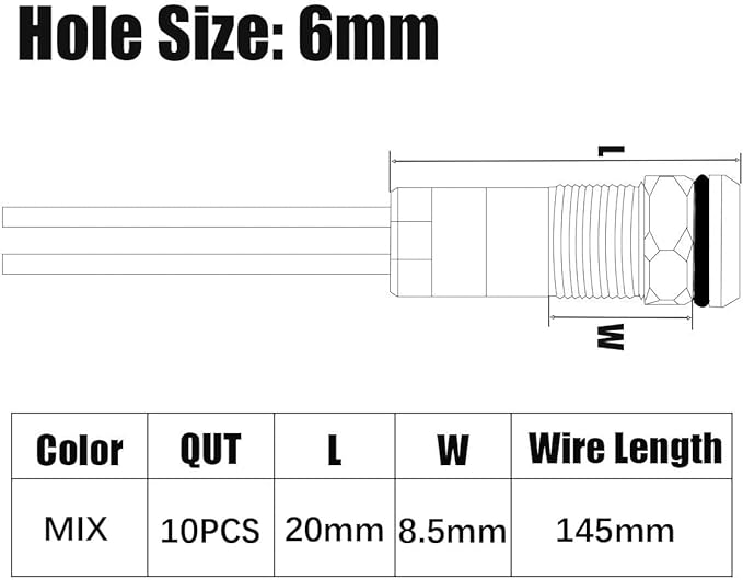 10pcs 6mm 1/4" AC/DC 12-24V LED Metal Indicator Light Waterproof Signal Lamp Pilot Dash Directional Car Truck Boat with Wire