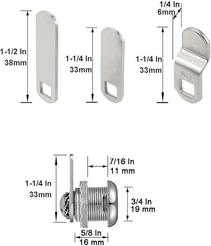 Cabinet Cam Locks Keyed Alike, 5/8” Cylinder Cam Locks for Tool Box RV Compartment Mailbox Vending Machine Drawer File Cabinet, Fits 3/8” Max Panel Thickness, Chrome Finish with 3 Cams and 2 Keys