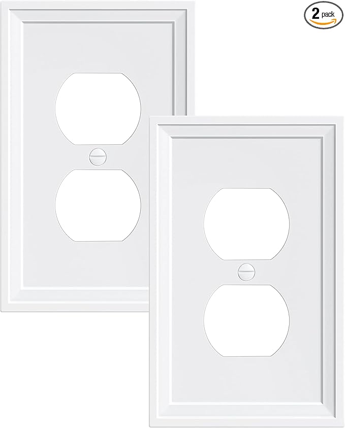 2-Pack Duplex Outlet Cover, Natural Bamboo Fiber Switch Plates and Outlet Covers, White Decorative Wall Plates for Electrical Outlets, 1 Gang Receptacle Cover, Corrosion Resistant