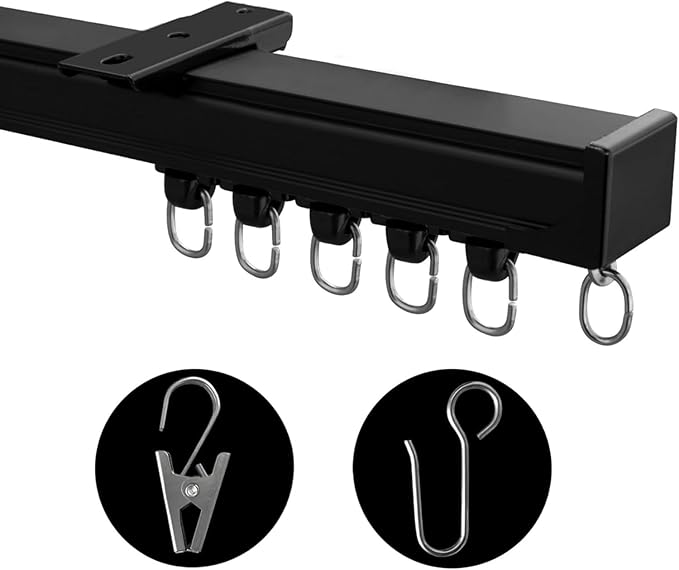 Ceiling Mount Curtains Track Room Divider Privacy Partition Separator Curtain Tracks Rods Heavy Duty RV Shower Outdoor Rail Clip Hook Set, Black 3-21ft