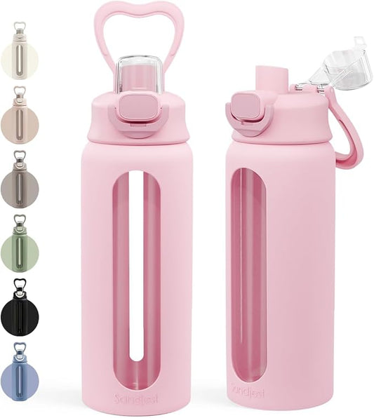 SANDJEST Glass Water Bottle with Silicone Sleeve 24oz with Lid, Motivational Time Marker, Drinking Hydration Glass Bottles for Men Women, Gym Travel Sports (Pink)