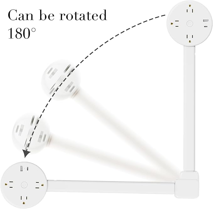 Electrical Outlet Extender,Power Socket Expander Features USB-A, USB-C, and 3 AC Electrical Outlet Extender, 180° Rotating & Extendable for Hard-to-Reach Outlets Behind Couch,Bed,Nightstand,Desk