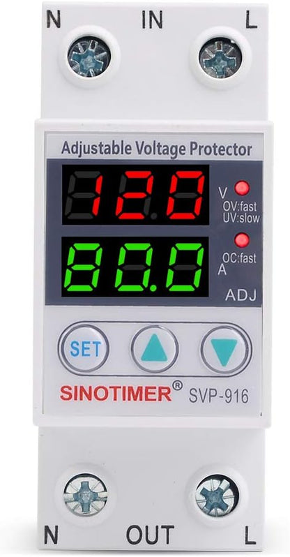 SVP916 SINOTIMER Dual LED Display 120VAC 80A Adjustable Voltage Surge Protector Relay with Limit Current Protection, Din Rail Installation in DB Home Usage (Green Display)