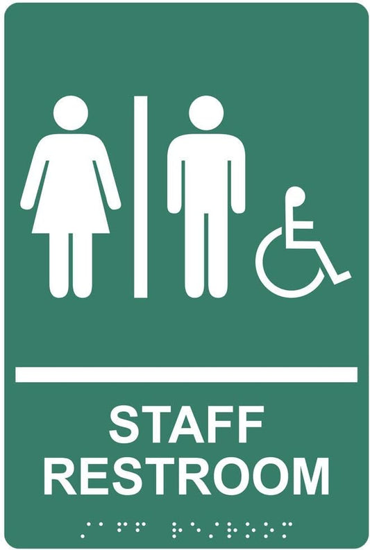 ComplianceSigns.com Staff Restroom Sign with ADA-Compliant Braille and Raised Letters, 9x6 in. Pine Green Acrylic with Adhesive Mounting Strips