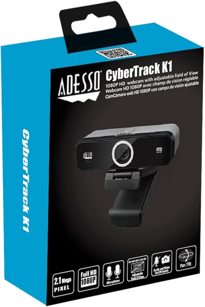 Adesso CyberTrack K1 1080P Full HD Fixed Focus USB Webcam with Adjustable View Angle Built-in Dual Microphones, Privacy Shutter, Audio/Video Mode Privacy ON/Off Switch & Tripod Mount