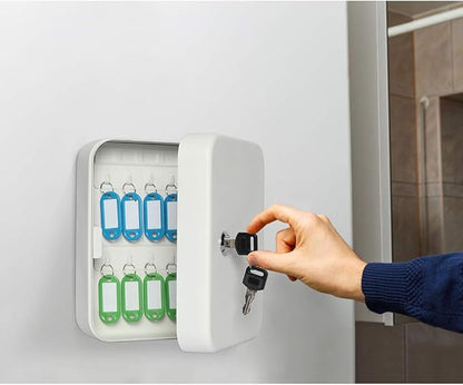Jssmst Key Lock Box Wall Mount Security Key Storage Box, Locking Key Cabinet Wall Mount with 20 Key Hooks & Tags Key Labels, 7.87 x 6.3 x 2.95 inches, White Matt
