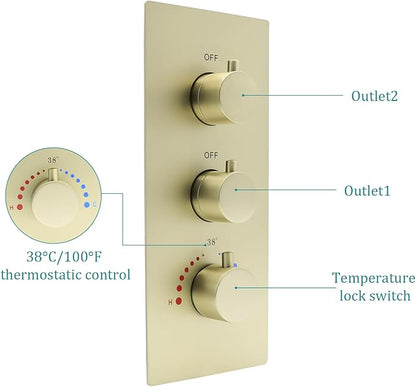 2 Function Shower Thermostatic Brass Valve Volume Control Can Work at the Same Time: 3 Round Knob, Concealed Brass Rough-In Valve (Brushed Gold, 2-Way)