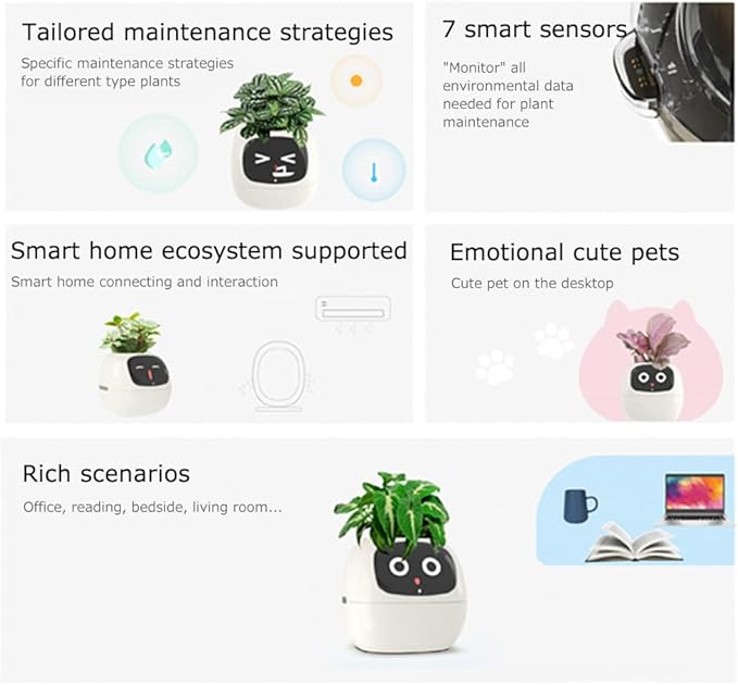 Intelligent Flower Pot, Electronic Bud, Maintenance Plant Assistant, Fun Interactive Flower Pot, Indoor Green Planting Monitoring, LCD Screen Display, Cell Phone APP Connection (White)