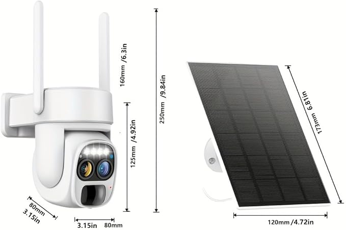 Hawkray Pannel Solar Wireless Outdoor Battery Security Camera， Dual-Lens, 10xZoom, 2K Resolution 3MP 360°Pan/Tilt，2.4&5G WiFi Powered Camera