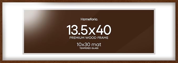 Homeforia 13.5x40 Picture Frame Brown, High End Dark Oak 13.5by40 Walnut Wood Poster Frame with Mat 10x30, 13.5 x 40 Panoramic Wooden Frames Matted to 10 x 30 Print, Tempered Glass, Wall Kit, Set of 1