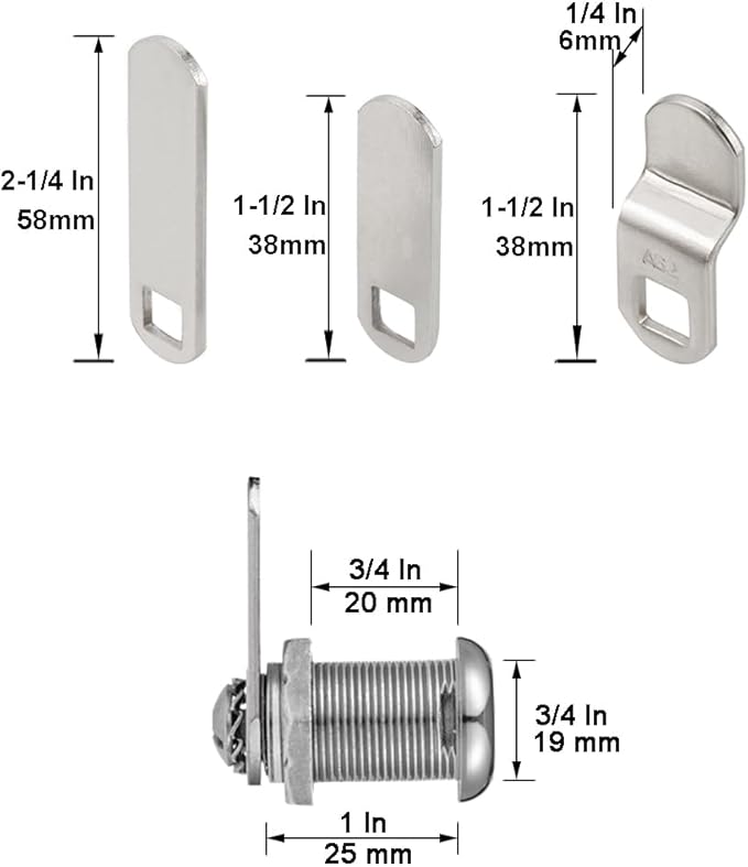 Cabinet Cam Locks Keyed Alike, 1” Cylinder Cam Locks for Tool Box RV Compartment Mailbox Vending Machine Drawer File Cabinet, Fits 3/4” Max Panel Thickness, Chrome Finish with 3 Cams and 2 Keys