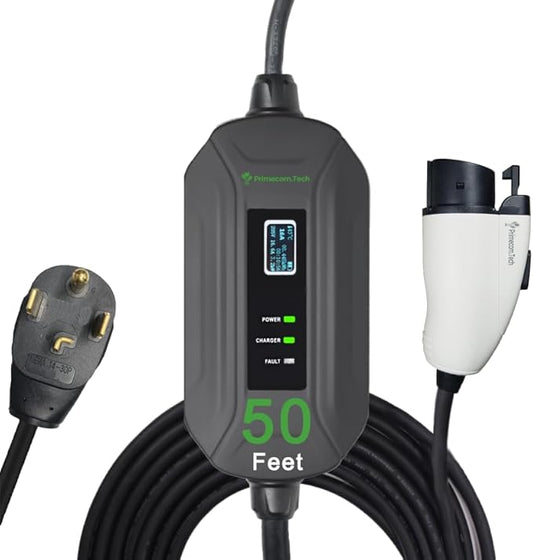 PRIMECOM Level 2 Electric Vehicle (EV) Charger (220V / 240Volt, 16Amp) Portable EVSE Smart Electric Car Charger, 30', 40', and 50 Feet Lengths (NEMA 14-30P, 50 Feet)