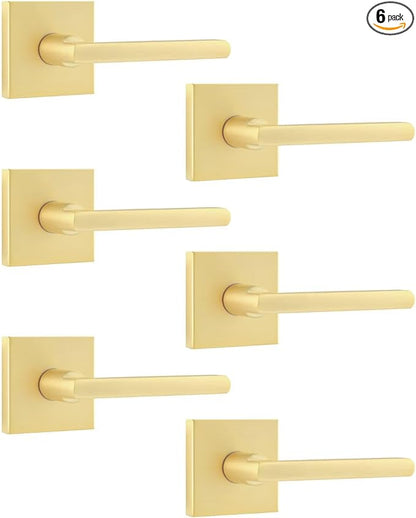Leydebong 6 Pack Heavy Duty Dummy Door Handle Interior Lever Set, Single Sided Gold Door Knob for Interior Doors, Right/Left Handing