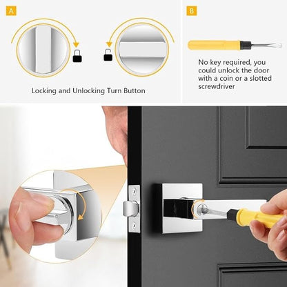 Probrico Bed and Bath Door Locks Interior Heavy Duty Privacy Levers in Polished Chrome Modern Square Door Handles Keyless Lockset for Right/Left Handed Doors, 5 Pack