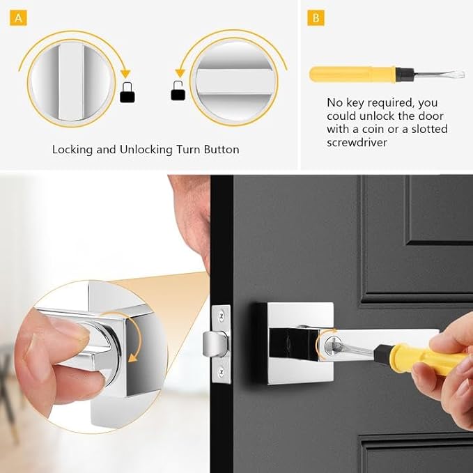 Probrico 4 Pack Square Door Levers with Lock Keyless Privacy Door Handles Locksets Interior Bed/Bath Heavy Duty Hardware in Polished Chrome Finish,Universal Handing