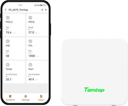 Temtop P2 Air Quality Monitor - CO2, PM2.5, PM10 Detector with Real-Time AQI, Temperature & Humidity Sensor, Bluetooth App for Home, Office, Car & Travel Use