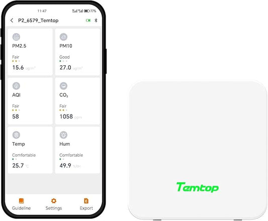 Temtop P2 Air Quality Monitor - CO2, PM2.5, PM10 Detector with Real-Time AQI, Temperature & Humidity Sensor, Bluetooth App for Home, Office, Car & Travel Use