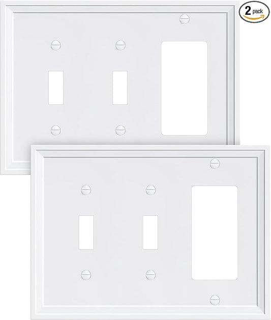 2-Pack Combo Decorator/Double Toggle Light Switch Cover Plate, Pure White Modern Decorative Electrical Outlet Covers, Bamboo Fiber Wall Switch Plates and Outlet Covers