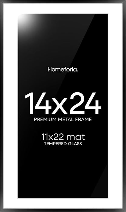 Homeforia 14x24 Picture Frame Black, High End Metal 14x24 Poster Frames with Mat 11x22 for Photo, 14 x 24 Black Frame Matted to 11 x 22 inch Print, 24x14 Thin Frame, Tempered Glass, Wall Kit, Set of 1
