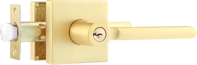 Leydebong 1 Pack Door Lever Lock Satin Brass Front/Exterior Door Handle Set Keyed Alike/Combo Keys, Gold Heavy Duty Left/Right Handing Exterior Door Handle, Entry Door Handle