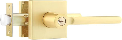 Leydebong 1 Pack Door Lever Lock Satin Brass Front/Exterior Door Handle Set Keyed Alike/Combo Keys, Gold Heavy Duty Left/Right Handing Exterior Door Handle, Entry Door Handle