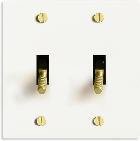 Select 15A 120V AC 2-Gang Toggle Switch, White with Solid Brass Vintage Style Single Pole 3 Way Compatible Wall Mount Toggle Switch, Included Faceplate & Switch Module, UL Listed