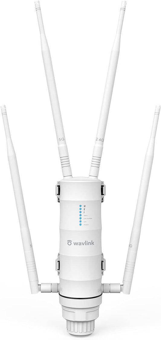 WAVLINK AC1200 Outdoor WiFi Extender, 2025 Long Range Dual Band 2.4GHz+5GHz Weatherproof WiFi Access Point with POE, High Power Signal Booster, Router/AP/Repeater Mode, 4x7dBi Antennas for Home & Yard