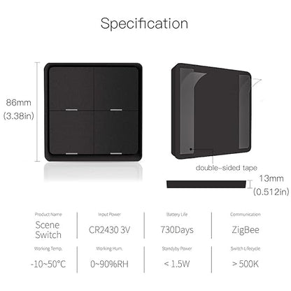 ZigBee Wireless Remote Control Smart Switch Wall Panel Transmitter,Requires MoesGo zigbee Hub,Smart Life/Tuya APP Remote Control, Wireless Button for Smart Home Devices and Scenes Black